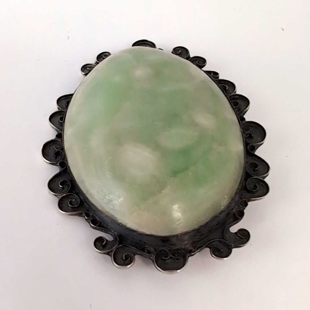 Vintage Sterling Silver Oval Cabochon Green Stone Agate ? Brooch Pin - Mexico - Picture 3 of 11